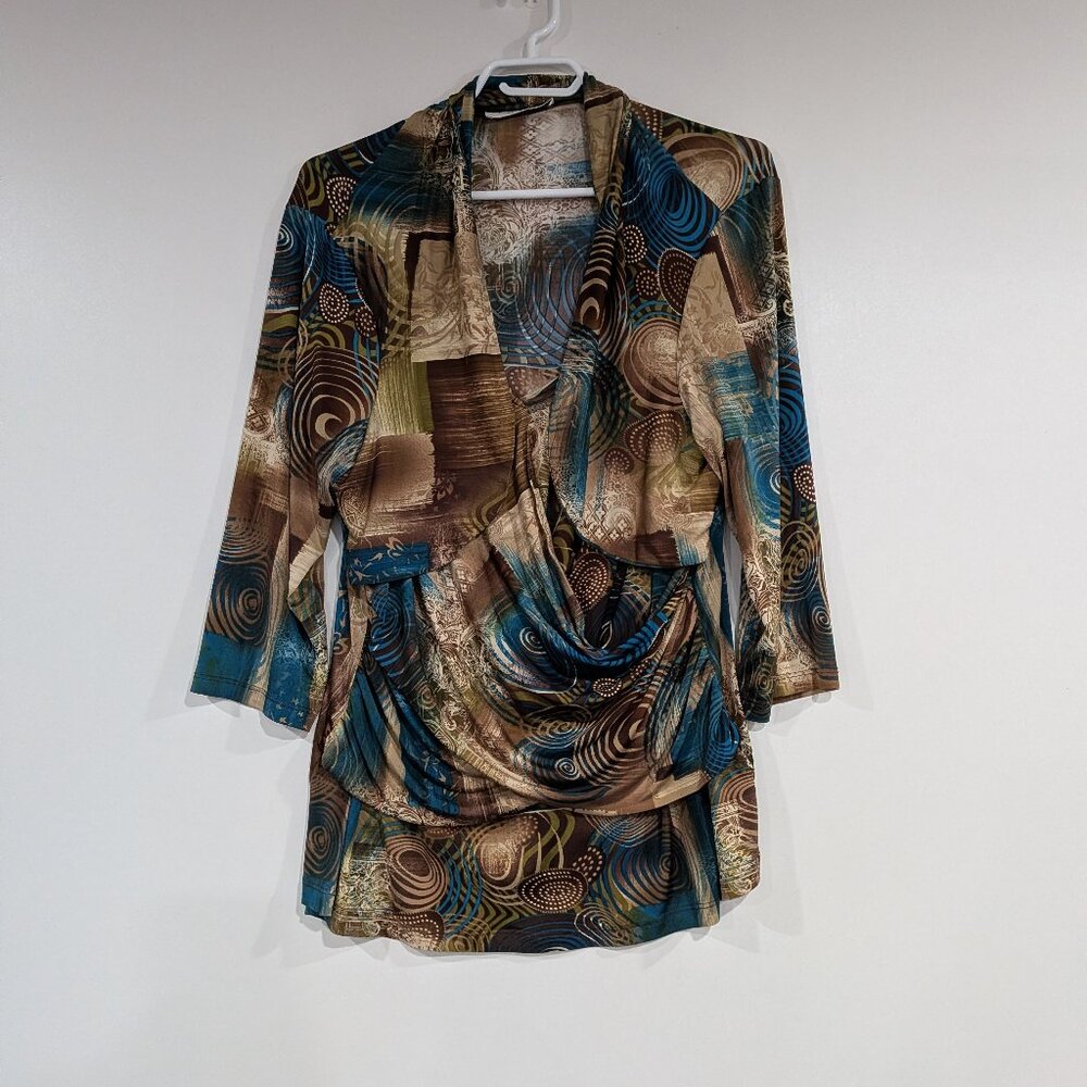 Laura Plus Petites 3/4 Sleeve Wrap Blouse Tan Teal Size 1X